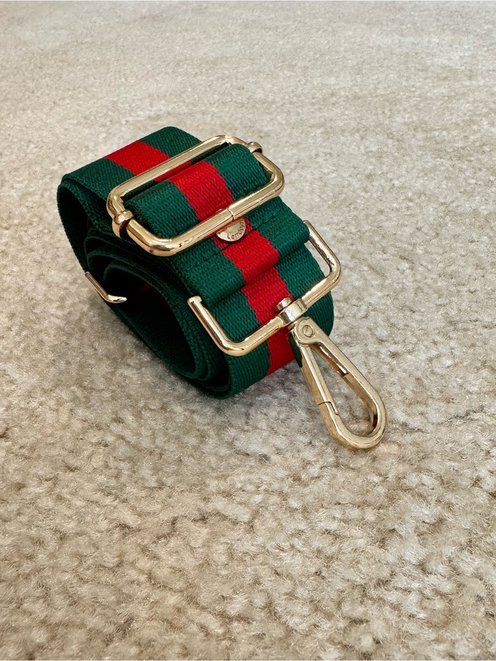 🔹 NWOT Adj Dark Green & Red Stripe Purse Strap | Gold Hardware Pom Pom London - Picture 2 of 6